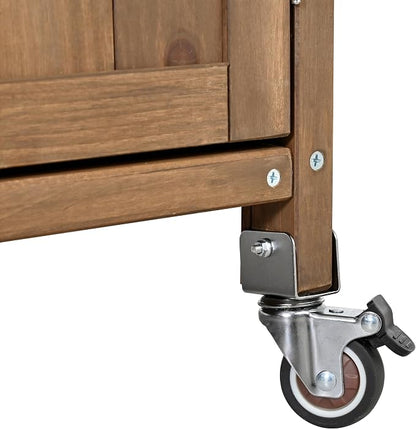 Christopher Knight Home Edsel Outdoor Bar Cart with Stainless Steel Top and Lockable Wheels, Solid Wood Outdoor Storage Cabinet, Kitchen Island Serving Cart for Poolside, Garden, Natural Brown+Silver
