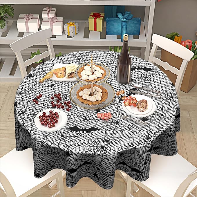 Sweetshow Halloween Bat Table Cloth Round Black and White Spider Web Tablecloth 60 Inch Decor Washable Stain and Wrinkle Resistant Round Table Cover for Dining Party Picnic