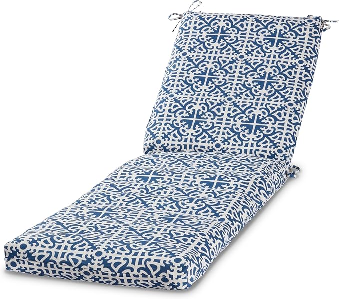Modern Outdoor Chaise Lounge Cushion with Ties – Durable Polyester Fabric, Channel-Filled Polyfiber Insert, Removable Zippered Cover, Indigo Lattice