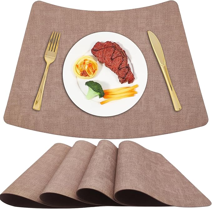 Round Table Placemats Set of 4, Faux Leather Wedge Shape Place Mats Heat Resistant Wipeable Washable Table Mats, Heavy Duty Kitchen Dining Mats(Light pink)