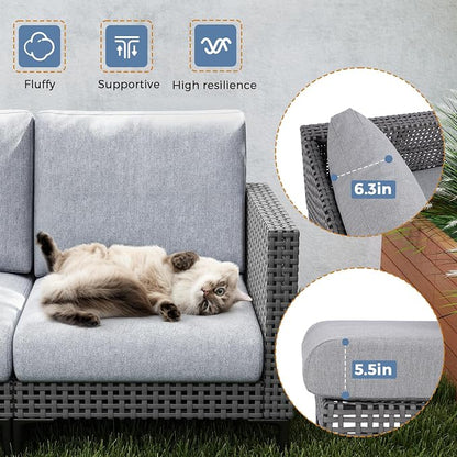 Jocoevol Outdoor Patio Sofa Conversation Set–Rattan 4 Seats Comfortable Couch for Garden, Yard, Weatherproof–Includes Glass Table, Armless Chairs, and Two-Seater Sofa