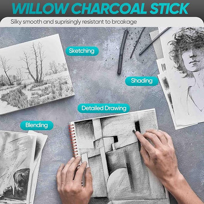 100 Pcs Willow Charcoal Sticks, Willow Charcoal,Mixed Sizes: 2-4mm, 4-5mm, 5-7mm, 7-9mm - Professional Soft Black Drawing Charcoal for Sketching & Art