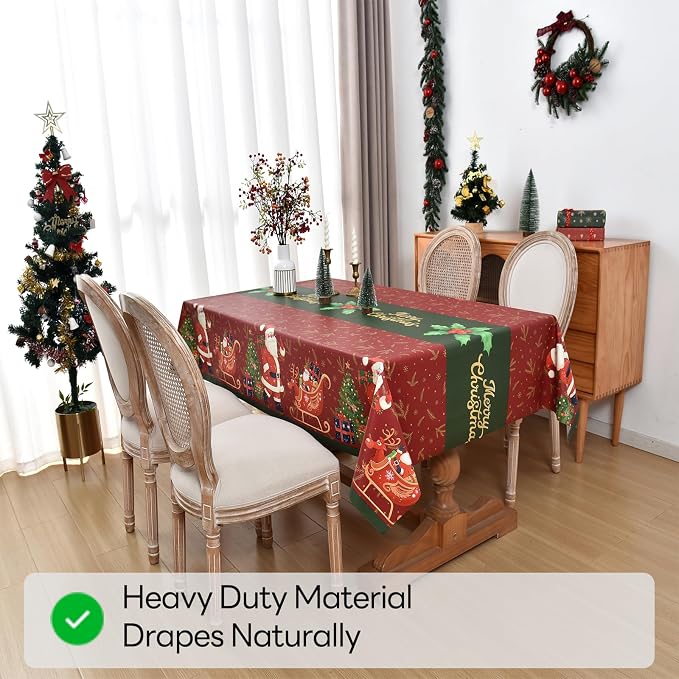 Christmas Tablecloth Heavy Duty Vinyl Red 54x108 inch Square Christmas Table Cloth Reusable Waterproof Foldable Plastic Tablecloths PVC Xmas Table Cover for New Year Party Decor