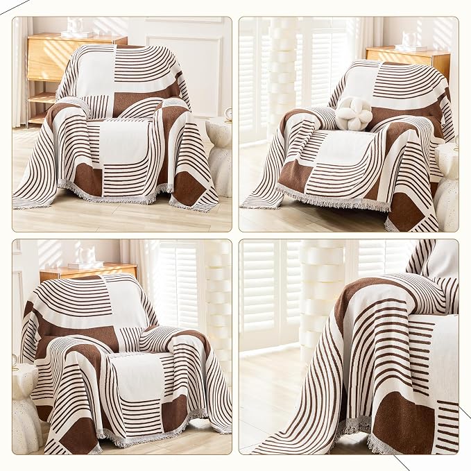 WEYOND Boho Couch Cover, Chenille Sofa Covers Washable, 71" x 91", Coffee | Bohemian Sofa Slipcover with Tassels for 1 Cushion Couch, Armchair, Chair, 1 Seater