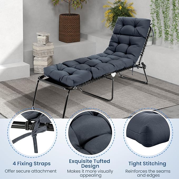 Tangkula Chaise Lounge Cushions Outdoor, 73 x 22 Inch Patio High Back Recliner Cushion with 4 String Ties, 4” Thick Padded Lounge Chair Cushion Replacement for Outdoor Indoor Furniture (1, Gray)