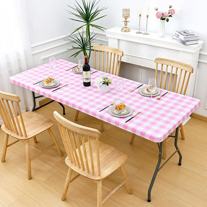 Smiry Rectangle Picnic Table Cloth, Elastic Waterproof Fitted Vinyl Tablecloths, Flannel Backed Buffalo Plaid Table Covers for Dining, Camping, Valentines(White and Pink, 30" x 48")