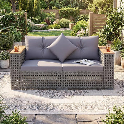 Tangkula 62.5" Large Patio Wicker Loveseat with Acacia Wood Armrests & Cup Holders, Outdoor 2-Piece Rattan Corner Sofa with Cushions, Sectional Conversation Set for Garden Backyard Porch Balcony, Grey