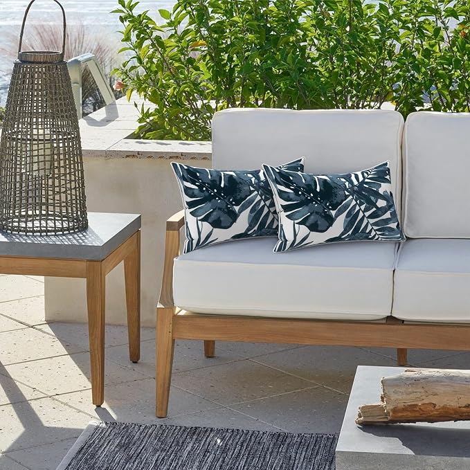 LVTXIII 2 Pack Outdoor Lumbar Pillow Covers 12x20 Inch with Piping, Water-Repellent Back Cushion Covers ONLY for Patio Furniture, Sofa, Garden Bench, Palm Blue