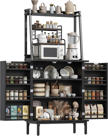 kepptory 51" Kitchen Baker's Rack with Storage, Microwave & Toaster Oven Stand, Freestanding Coffee Bar Station with Wine Glass Holder & Side Storage Shelves, Black