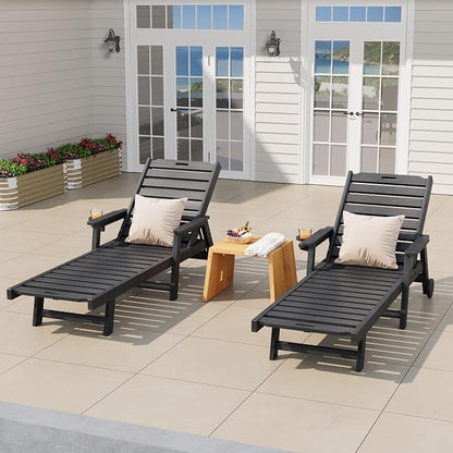 Garvee Lounge Chair Outdoor Set of 2 with Wheels & 5-Position Adjustable Backrest, Oversized Chaise Lounge with 2 Move Handle, HDPE Lounge Chair w/Detachable Cup Holder, for Patio, Pool,Dark Gray