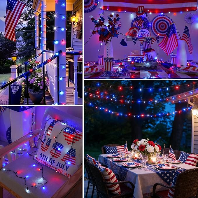 YEGUO Red White and Blue String Lights, 66ft 200 LED 4th of July Lights Outdoor Waterproof, 8 Modes Green Wire Patriotic Lights Plug in for Indoor Independence Memorial Day