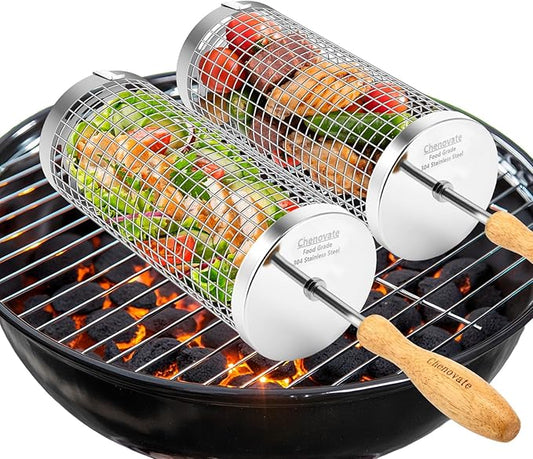 Chenovate® Rolling Grill Baskets,Removable Wooden Handle,304 Stainless Steel,Grill Accessories for Veggies Shrimp Meat,Kitchen Gadgets Fits Outdoor Cooking&Picnics,Camping Essentials,Ideal Gifts for Father's Day,Festival,Birthday,Anniversary —2 Pack