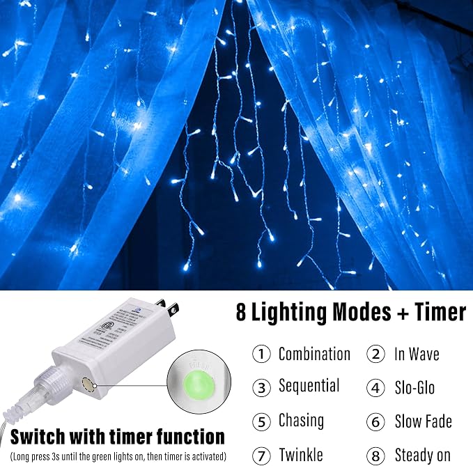 Joomer Christmas Icicle Lights Outdoor Waterproof, 33FT, Blue | 50 Drops Connectable Timer8 Modes Plug-in String Light for Indoor Party, Eaves Roof yard Xmas Decorations