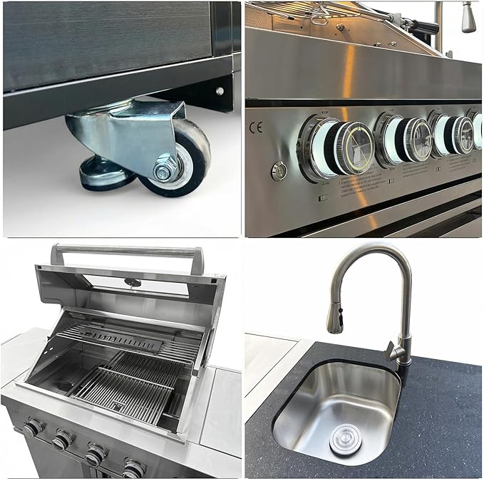 84" Modular Outdoor Kitchen Island, 4-Burner 75,300 BTU BBQ Island with Side Burner, Integrated Sink & Refrigerator, Side Prep Shelf, NG Conversion Kit, for Backyard and Patio Cooking, Silver