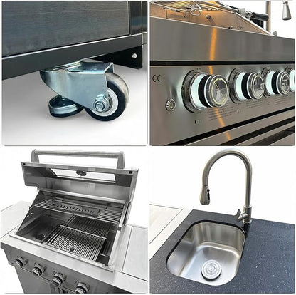 84" Modular Outdoor Kitchen Island, 4-Burner 75,300 BTU BBQ Island with Side Burner, Integrated Sink & Refrigerator, Side Prep Shelf, NG Conversion Kit, for Backyard and Patio Cooking, Silver
