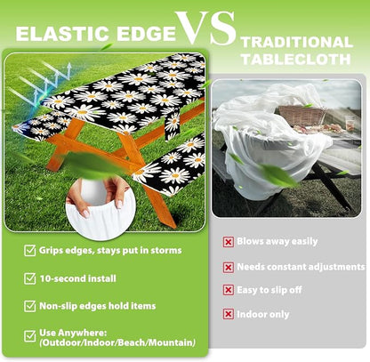 Fitted Picnic Table Cover with Bench Covers, Windproof Vinyl Table Cloths Outside Camping Cooking Backyard Furniture Seat Cushion Tablecloth Activities Party Decor Decorations Para Acampar Equipment