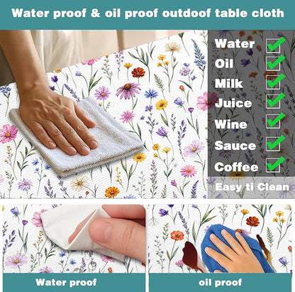 Floral Picnic Table Cover with Bench Covers and Bag, Camping Essentials, Colorful Wildflower Waterproof Camping Tablecloth with Elastic Edges Fitted Rectangle for Outdoor & Garden, 3 Pcs, 30x60 Inch