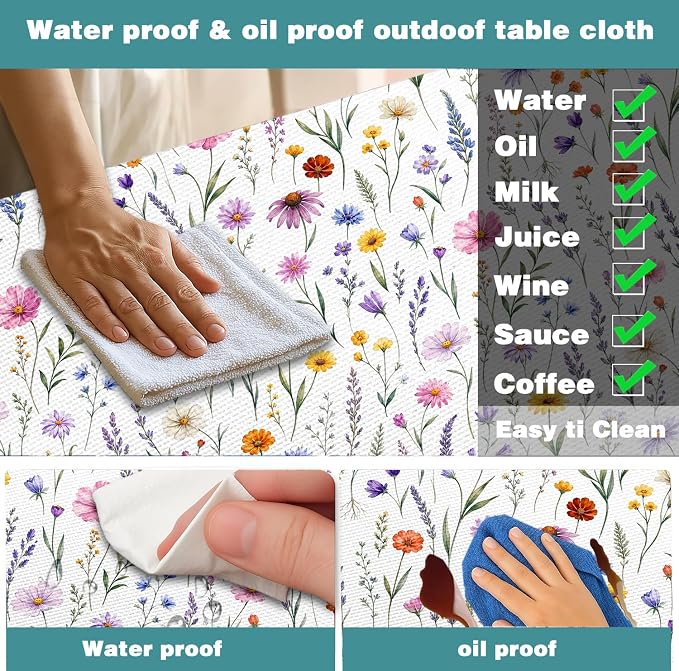 Floral Picnic Table Cover with Bench Covers and Bag, Camping Essentials, Colorful Wildflower Waterproof Camping Tablecloth with Elastic Edges Fitted Rectangle for Outdoor & Garden, 3 Pcs, 30x96 Inch