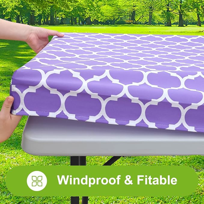 Smiry Picnic Fitted Table Cover, 4 Foot Flannel Backed Vinyl Tablecloth | Waterproof Elastic Stretch Table Cloth, Wipeable Plastic Tablecloth for Camping, Indoor & Outdoor (Lavender, 24" x 48")