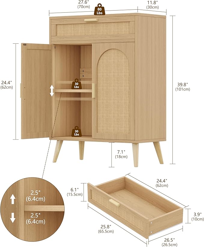 Keehusux Rattan Storage Cabinet with Drawer and 2 Doors, Natural Oak | Accent Sideboard Buffet Cabinet with Adjustable Shelf & Solid Wood Feets, Coffee Bar for Kitchen, Living Room, Entryway