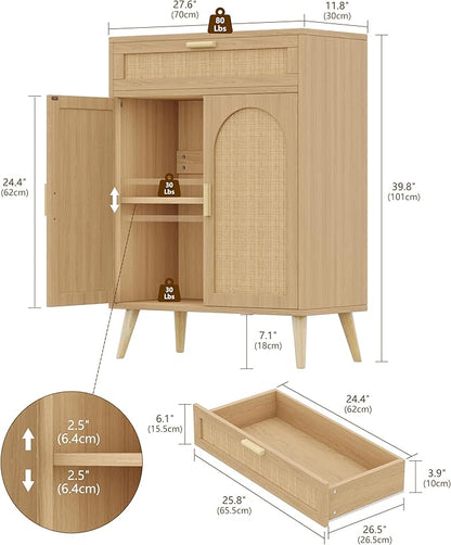 Keehusux Rattan Storage Cabinet with Drawer and 2 Doors, Natural Oak | Accent Sideboard Buffet Cabinet with Adjustable Shelf & Solid Wood Feets, Coffee Bar for Kitchen, Living Room, Entryway