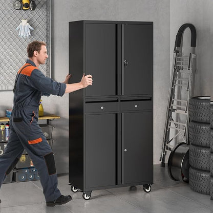 Metal Storage Cabinet, 73'' with Wheels, Lockable Doors, 2 Drawers, and Adjustable Shelves for Garage, Workshop or Office - Black