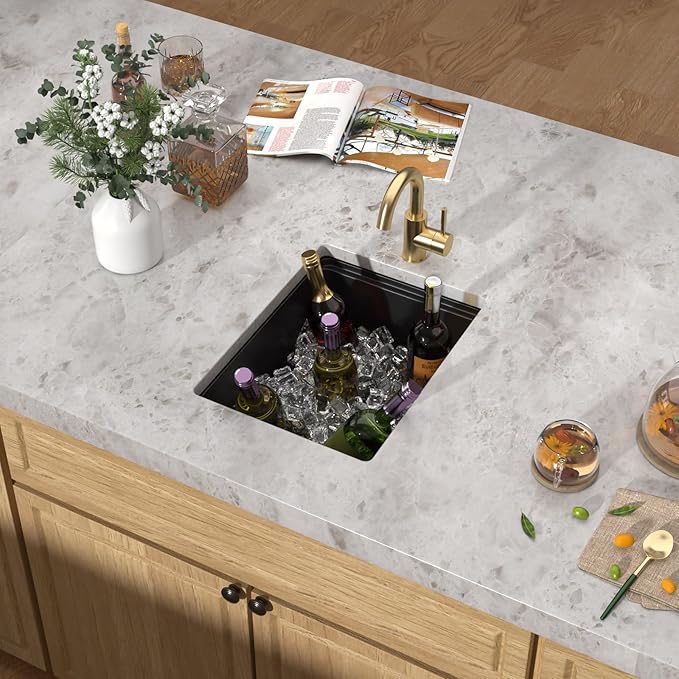 15 Inch Undermount Bar Sink - Matte Black Granite Composite Workstation Single Bowl Small Prep Wet Sink with All-In One Gold Accessories & Cutting Board for RV, Kitchen Bar, and Boat #TLGU-147