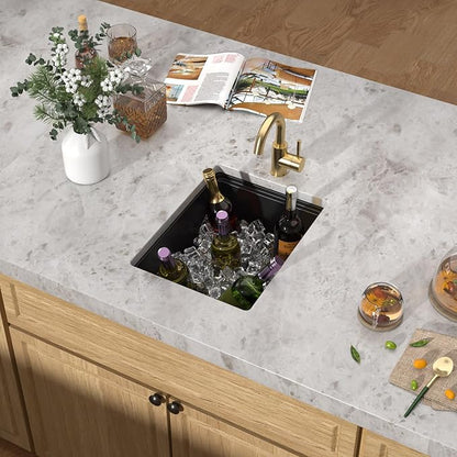 15 Inch Undermount Bar Sink - Matte Black Granite Composite Workstation Single Bowl Small Prep Wet Sink with All-In One Gold Accessories & Cutting Board for RV, Kitchen Bar, and Boat #TLGU-147