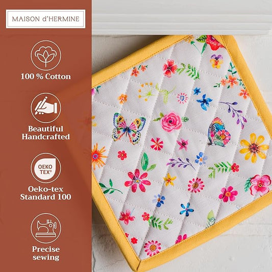 Maison d' Hermine Pot Holders 100% Cotton Heat Resistant Potholders 8" x 8" Hot Pads with Loop BBQ Baking Hotel Farmhouse Kitchen Handling Hot Pans Spring Summer (Pack of 1, Happy Florals - Sweety)