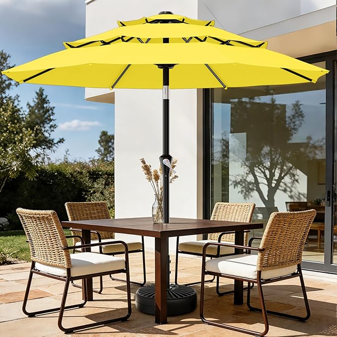 AreShark 9ft 3-Tier Patio Umbrellas, Outdoor Umbrella with 8 Sturdy Ribs UV Protection Windproof, Market Table Umbrella w/Push Button Tilt & Crank for Pool, Porch, Deck, Garden(Yellow)