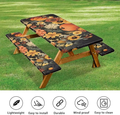 Fall Picnic Table Cover for Outdoor Camping Pumpkin Sunflower Elastic Fitted Table Cloth for Camping Party Supplies 3 PCS Set