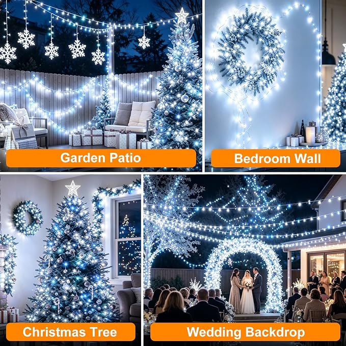 Outdoor String Lights 197ft 1000 LED Cool White Silver Copper Wire Fairy Lights with Remote Listed Plug-in Christmas Lights 8 Modes Low Voltage Twinkle Lights for Garden Patio Yard Tree Wedding Party