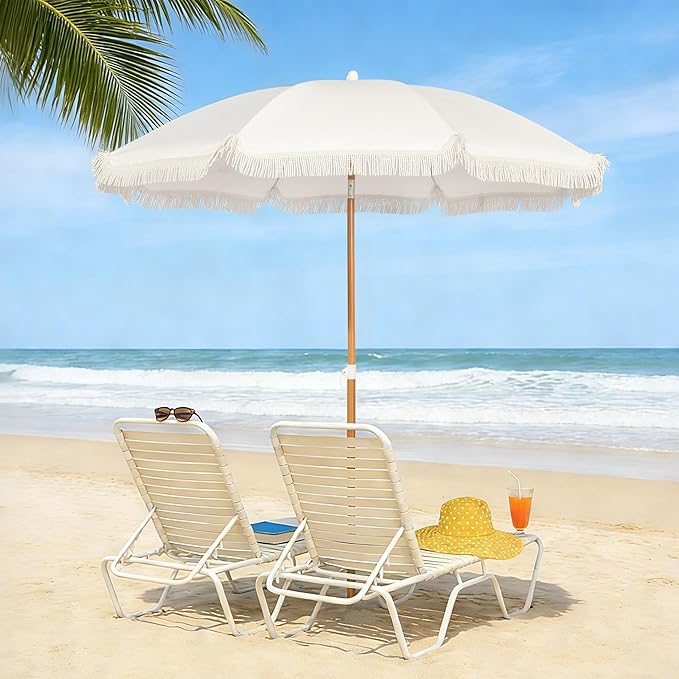 Seazul 5.2ft Patio Umbrella with Fringe, Beach Umbrella, Fringe Umbrella Outdoor Patio, Tilting Steel Pole, UV 50+, Fiberglass Ribs, Elegant Cream