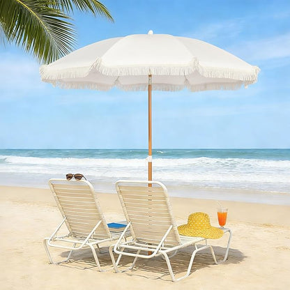 Seazul 5.2ft Patio Umbrella with Fringe, Beach Umbrella, Fringe Umbrella Outdoor Patio, Tilting Steel Pole, UV 50+, Fiberglass Ribs, Elegant Cream