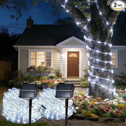 Solar Rope Lights for Outside, 2 Packs Total 66ft 200 LED Solar String Lights with 8 Modes, Waterproof Solar Outdoor Light for Patio Garden Party Tree Porch Pool Holiday Xmas Decor-White