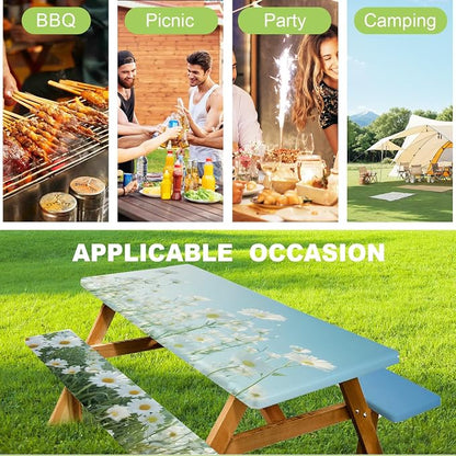 ANNA QUEEN Blue Daisy 6FT Picnic Table Cover Set, 3PCS 72"x30" Floral Tablecloth and Bench Covers, Waterproof Camping Spring Wedding & Garden Party Decor
