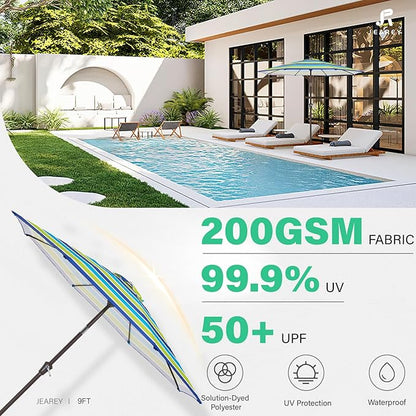JEAREY 9' 2-Tiers Patio Umbrellas Outdoor Table Market Umbrella w/Push Button Tilt/Crank, 8 Sturdy Ribs, UV Protection Waterproof Sunproof(Blue Green Striped)