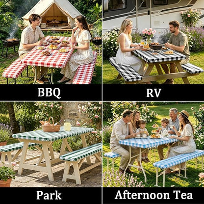 Poise3EHome Picnic Table Cover with Bench Covers, 6 Foot Fitted Elastic Tablecloth Set, Heavy Duty Polyester with TPU Waterproof Backing, Washable Outdoor Picnic Set for Camping,RV & Park(Black&White)
