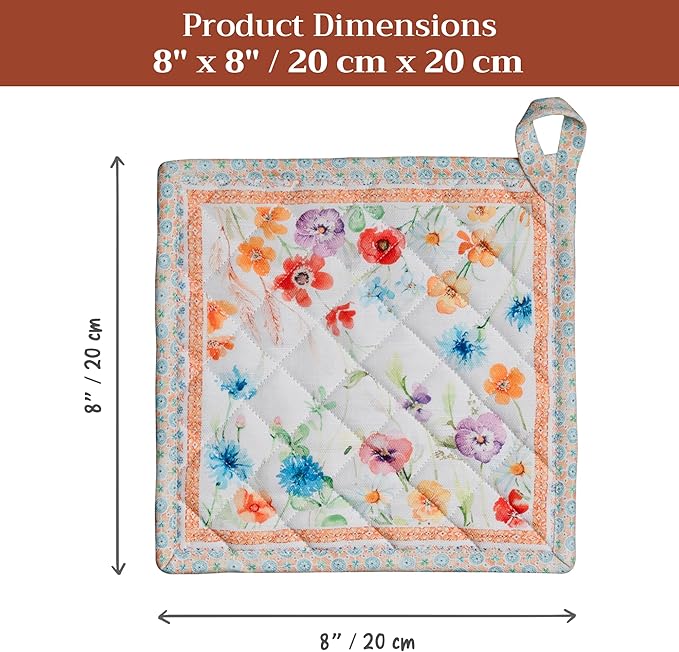 Maison d' Hermine Pot Holders 100% Cotton Heat Resistant Potholders 8" x 8" Hot Pads with Loop BBQ Cooking Baking Hotel Farmhouse Kitchen Handling Hot Pans Spring Summer (Pack of 2, Summer Whisper)