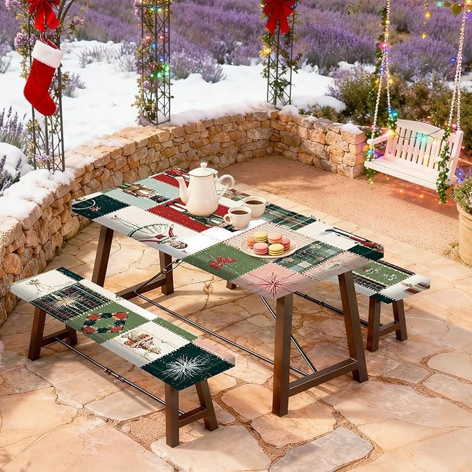 Christmas Picnic Table Cover with Bench Covers Set, Elastic Fitted Tablecloth for Outdoor Picnic Tables, Nutcracker and Patchwork Holiday Design, Durable Vinyl Cover for Camping, BBQs, and