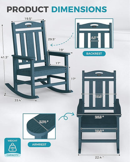 Ciokea Oversized Outdoor Rocking Chairs Set of 4, 380lbs Heavy-Duty Large Patio Rocker, High Back Cozy Porch Chairs, Weather Resistant Patio Rocking Chairs for Outside, Fire Pit, Deck, Slate Blue