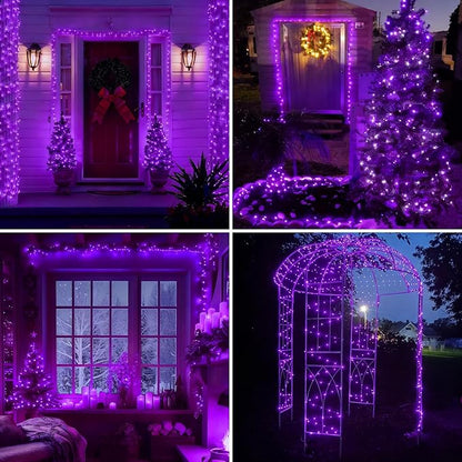 YEGUO 4 Pack Purple Solar Fairy Lights, Each 33ft 100 LED Christmas Lights Outdoor Waterproof, 8 Modes Sliver Wire Solar String Lights