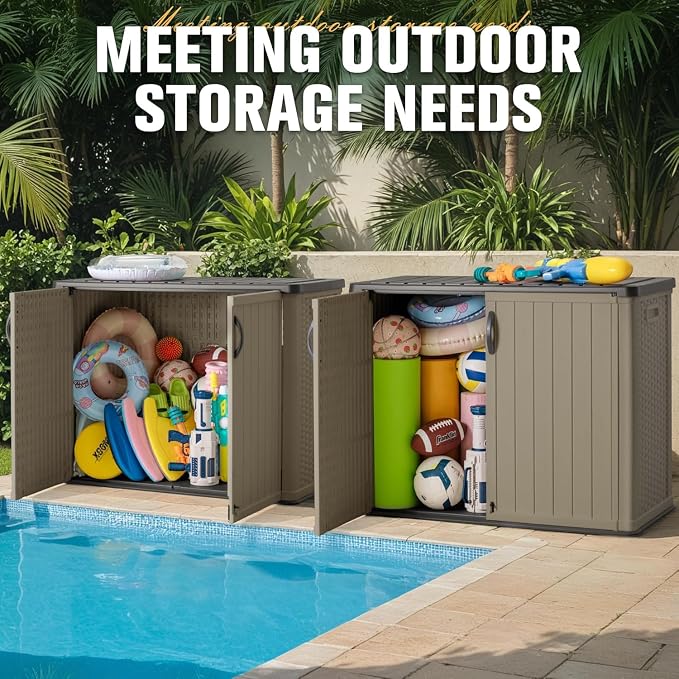 Greesum Outdoor Storage Cabinet 26 CuFt, Resin Large Storage Box Weather Resistance with Lockable Doors, Easy to Assemble, Horizontal Storage Shed for Garden, Backyard, Patio, Beige (Without Shelf)