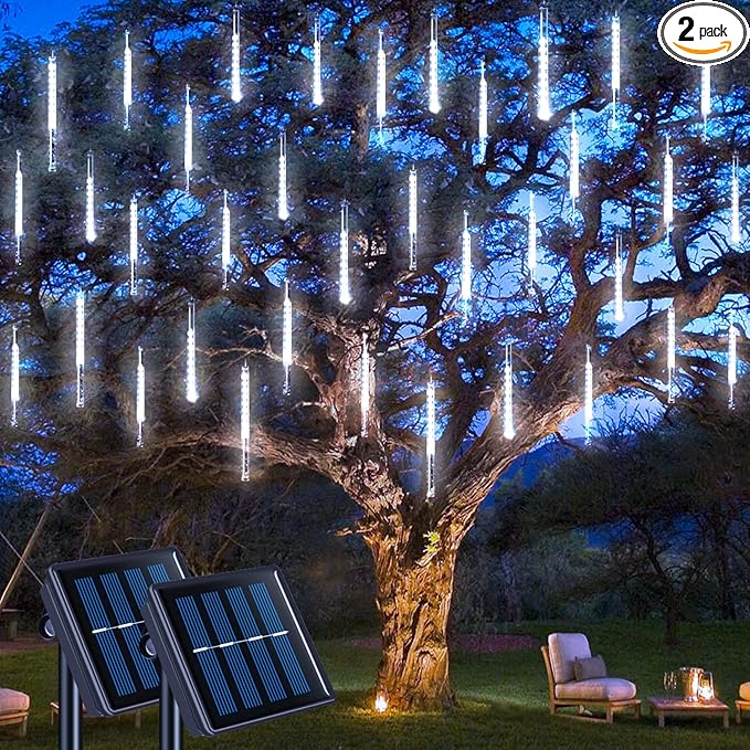 JMEXSUSS 2 Pack Solar Christmas Meteor Shower Lights, 16 Tube 288 LED White Solar Christmas String Lights Outdoor Waterproof for Tree Patio Garden Wedding Party Decorations