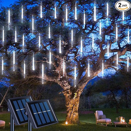 JMEXSUSS 2 Pack Solar Christmas Meteor Shower Lights, 16 Tube 288 LED White Solar Christmas String Lights Outdoor Waterproof for Tree Patio Garden Wedding Party Decorations