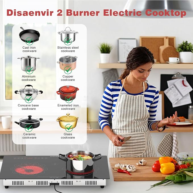 2 Burner Electric Cooktop 24 Inch 110V Plug in | Countertop and Built-in Two Burner Electric Stove Portable, Child Lock, Timer, Suitable for Rv, Dorm, Apt., 120V