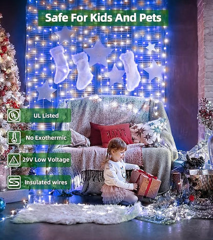QUHUATU LED String Lights Christmas Decorations,8 Lightsing Modes Christmas Lights with Timer Functions for Tree Indoor Outdoor Decorr 1500 LED 492FT Blue & White