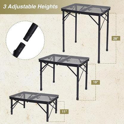 REDCAMP 2 Feet Small Folding Grill Table for Outside, 3 Heights Adjustable Portable Metal Outdoor Picnic Table for Camping Travel Cooking BBQ, Black, 24" Lx 16" Wx 27.5" H