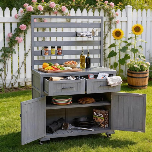 65 Inch Patio Kitchen Island with Stainless Steel Top, Gray | Gray fir wood, stainless steel top, garden or patio, 2 drawers, 3 movable shelves, cabinet, lockable wheels, 41.7 in L