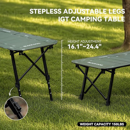 BLACKDOG IGT Camping Table, Folding Portable Camp Table, Adjustable Height Aluminum Portable Table with Carry Bag for Outdoor, Pictic, Patio and Backyard 48.8" L x 22.8" W, Jungle Green